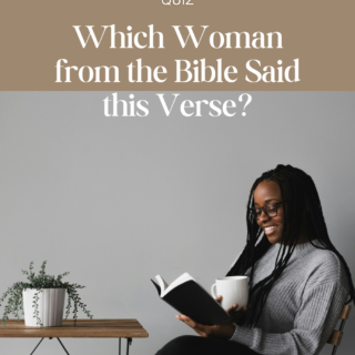 Woman sitting at table with plant, reading a Bible, and holding a cup of coffee.