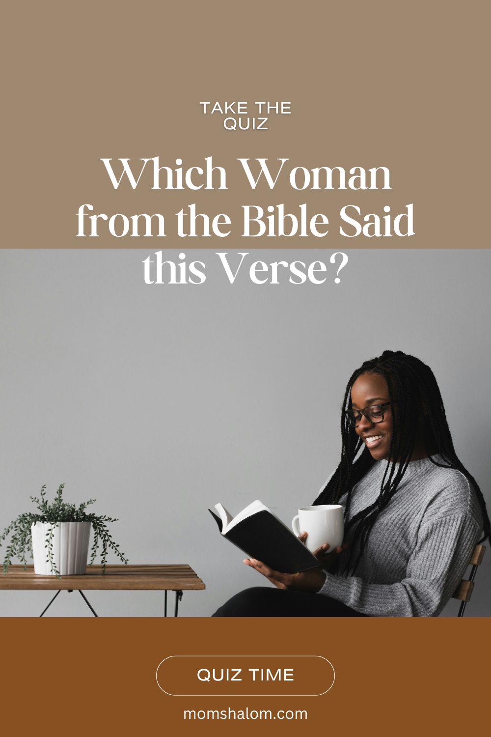 Woman sitting at table with plant, reading a Bible, and holding a cup of coffee.